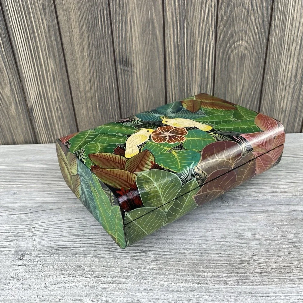 Vintage Hand Painted Wooden Box Parrot Floral Jewelry Storage Trinket